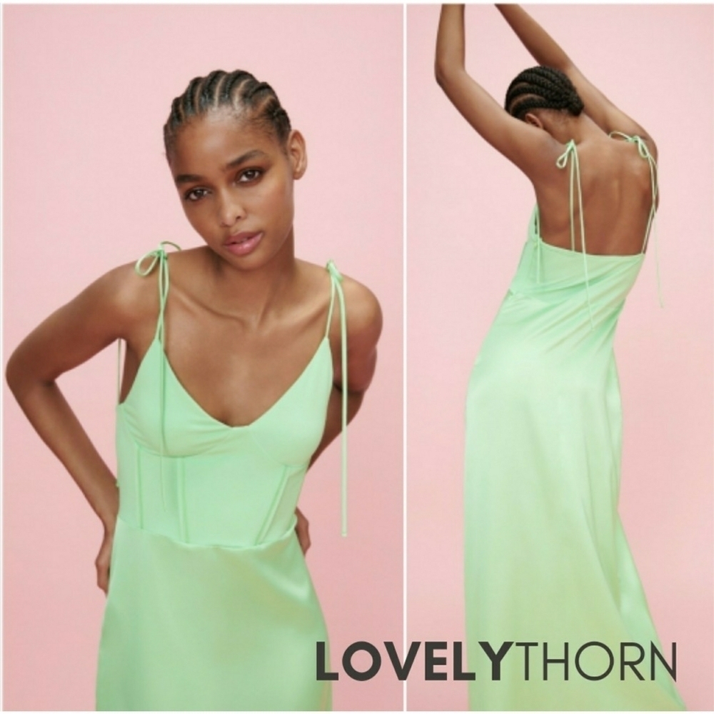 ZARA // key lime satin effect bustier design maxi slip dress